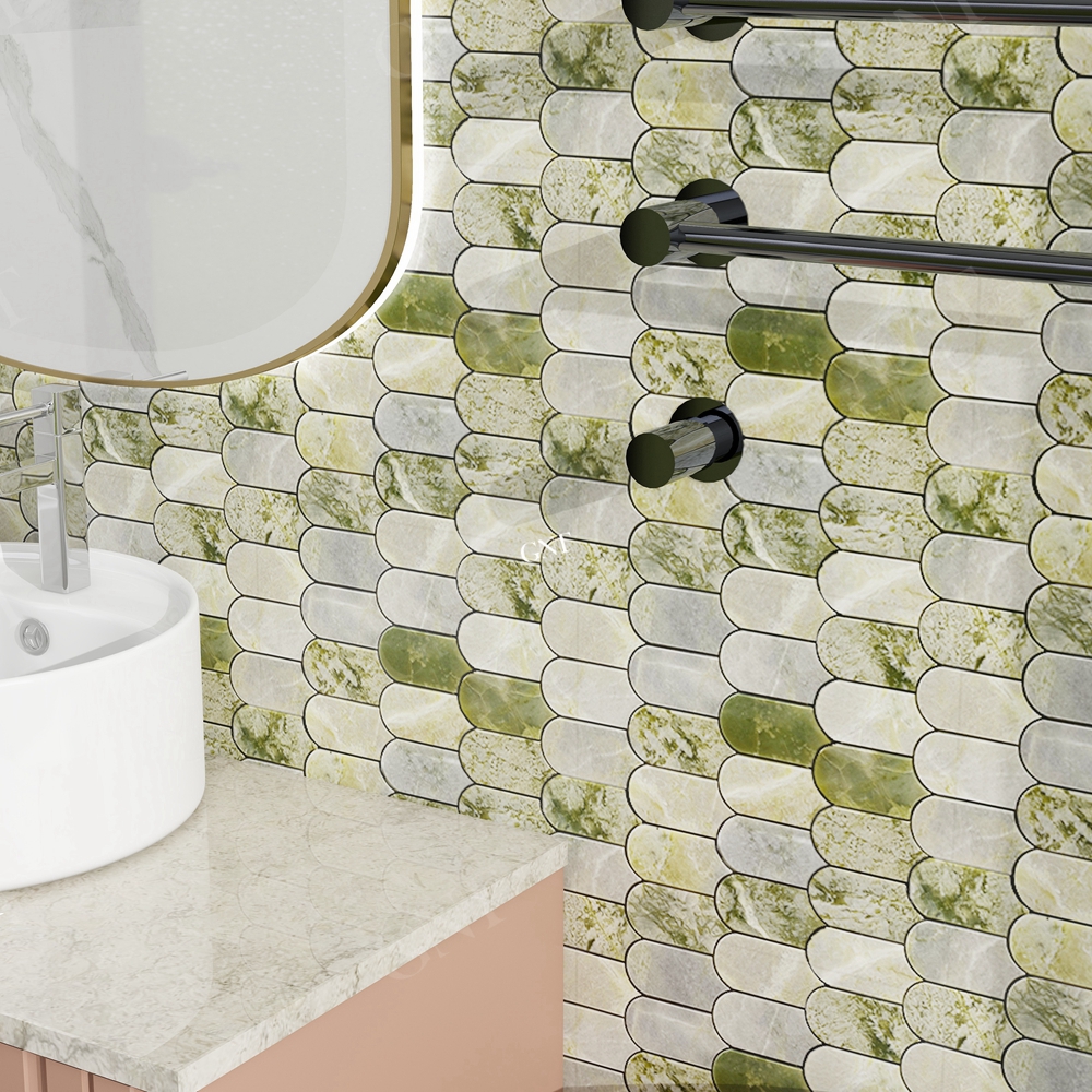 GNT Plumage Green White Marble Mosaic Wall Tile For Shower