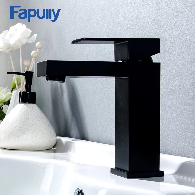Single Handle Basin Sink Faucet Bathroom Mixer Taps Black Color Deck Mounted Hot And Cold Water Tap Square Shape
