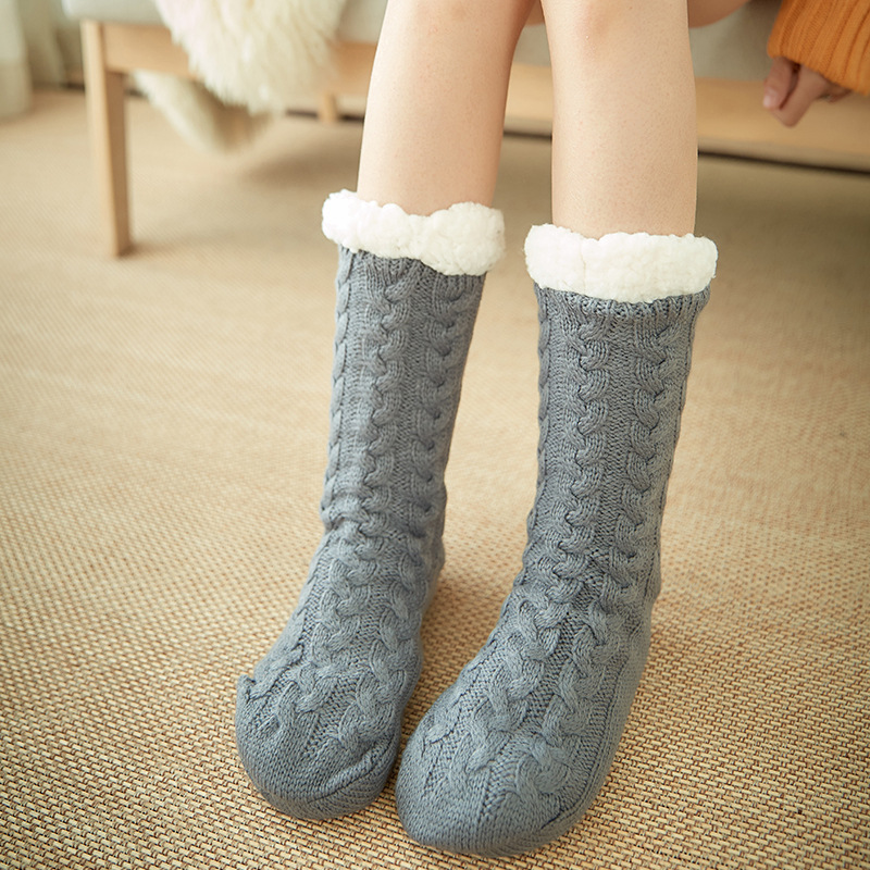 JHR216 Christmas new year warm fuzzy cozy cotton socks soft sock warm fleece lining knit non slip thick winter home socks