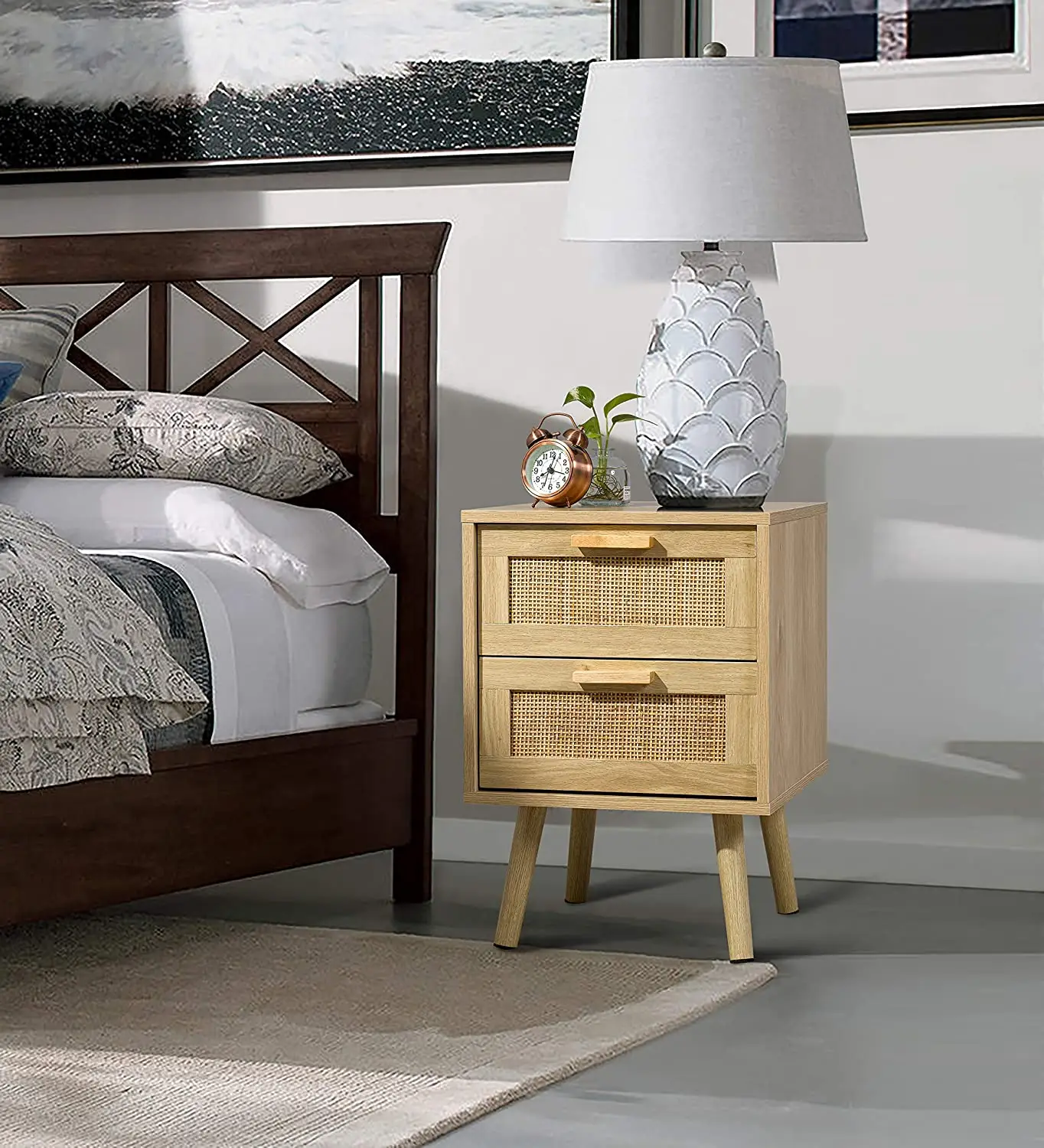 Rattan Bedside Table Nightstand Unit Modern With 2 Hand Made Rattan Decorated Drawers