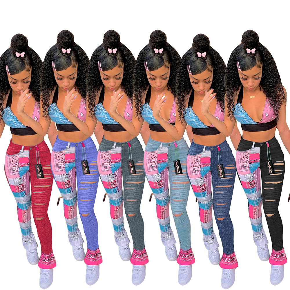 New Fashion Women Casual Patchwork Printed Ripped Hole Skinny Denim Jeans