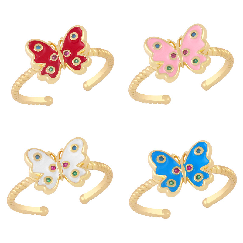 European Trendy Multi Color Cubic Zircon Butterfly Opening Rings Adjustable Cz Butterfly Colorful Enamel Rings For Women Girl