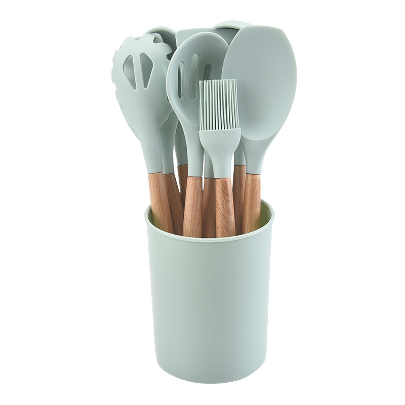 Cooking Non-stick Pan Storage Bucket Wooden Handle Silicone Cookware 10-piece Silicone kitchen Utensils Spatula Spoon Set