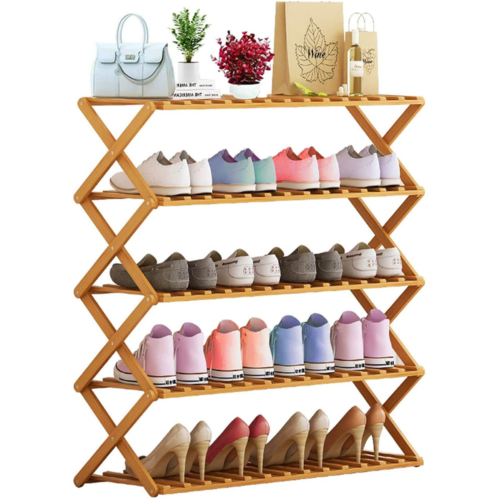 Portable no assembly Multi Tire Foldable bamboo stackable shoe racks for home