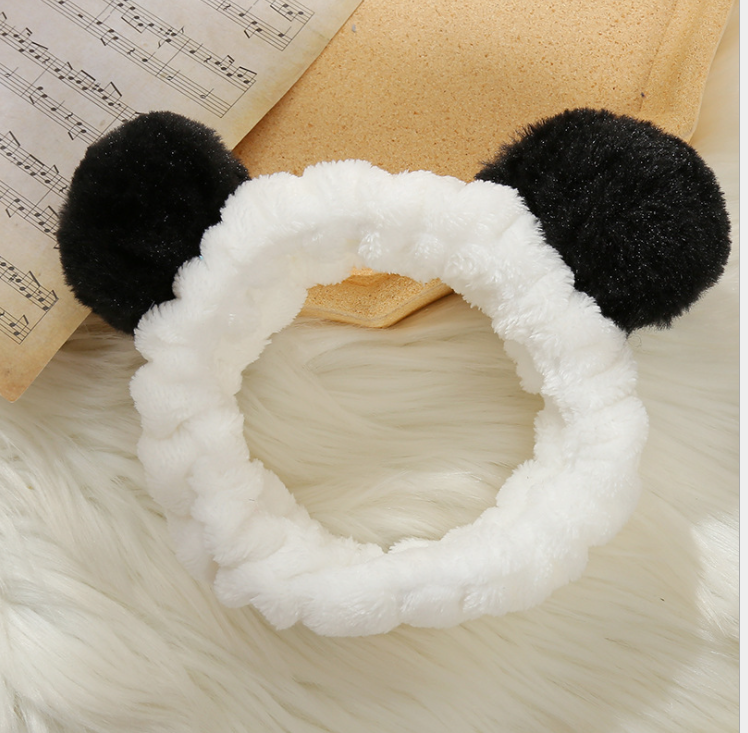 Folora Women Fashion Plush Panda Headbands Cute Elastic Coral Fleece Headwrap for Makeup Shower and Facial