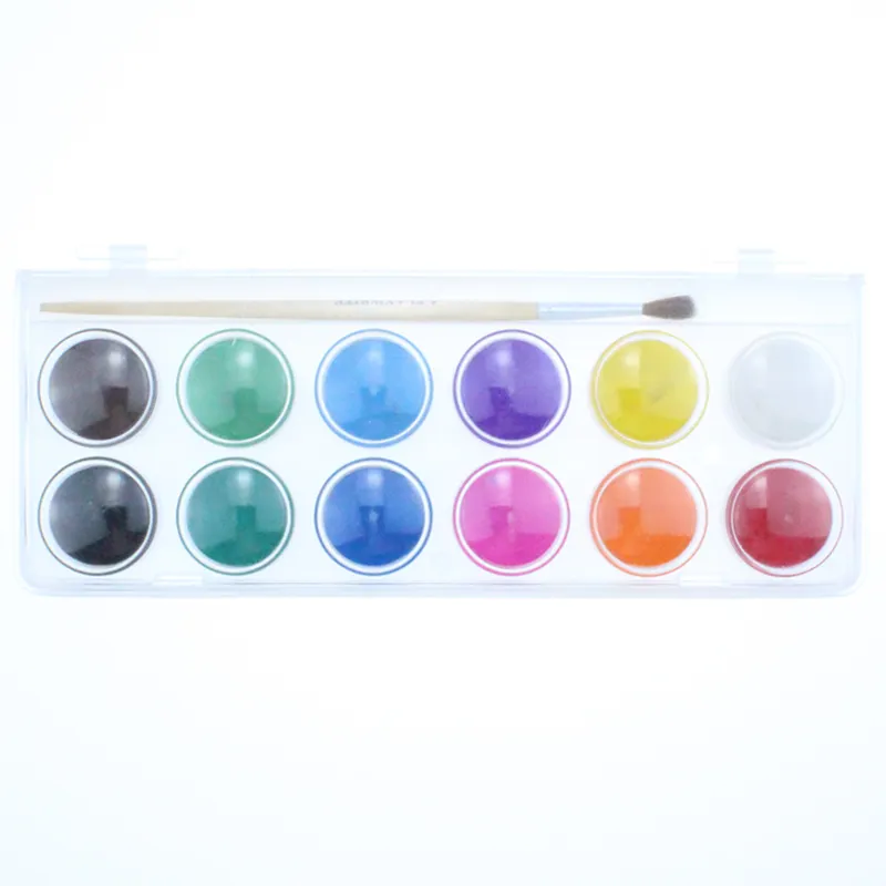 Free sample no toxic white case 12 colors kids water color paint with brush,multicolor solid watercolor paint set