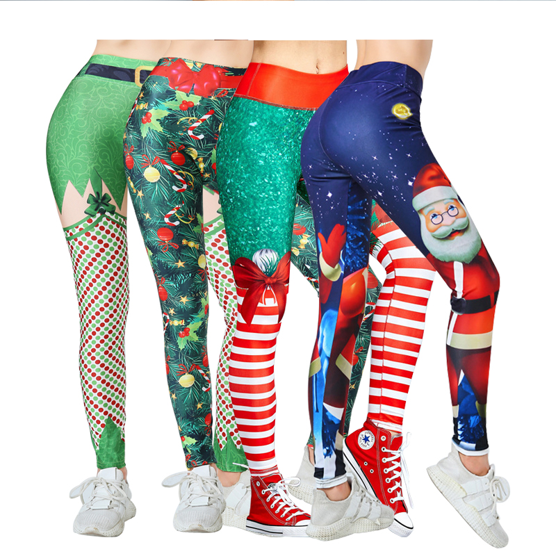 Funny Cartoon Floral Print Santa Snowman Christmas Yoga Pants Leggings Women Fitness Casual