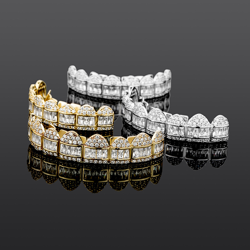 Ladder square zircon braces hip hop big gold braces teeth jewelry