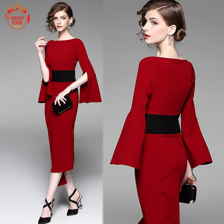 One Shoulder Polyester Slim Elgant Style Zipper Career Wear Red Long Dresses Women Night Party Dress