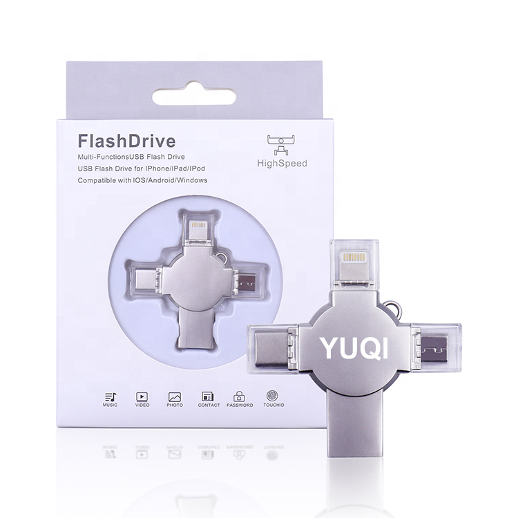 YUQI Hot Selling 4 In1 Otg Usb Pen Drive Type c 3.0 128Gb 256Gb Memorias Usb Flash Drive For Iphone