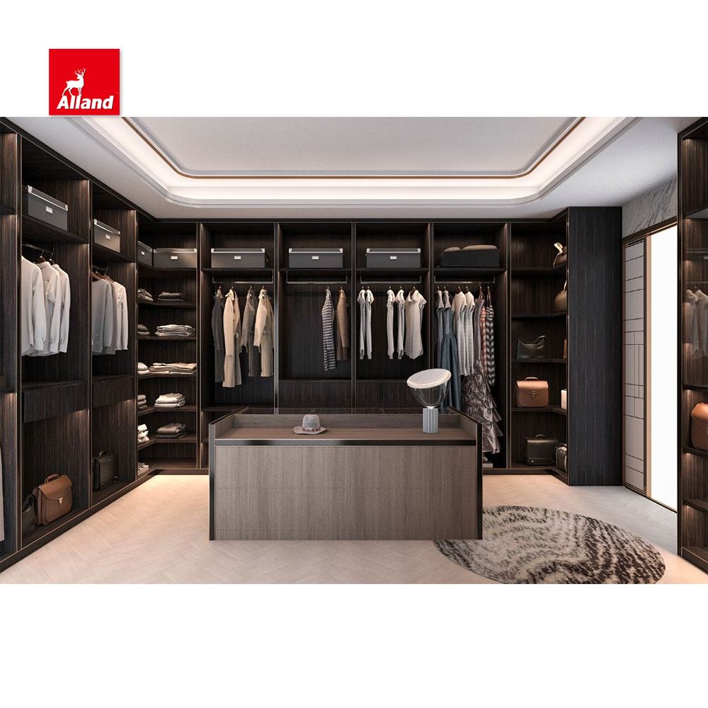 Modern furniture laminated finish cupboard walk in closet wardrobes luxury for bedroom with LED light and glazed display