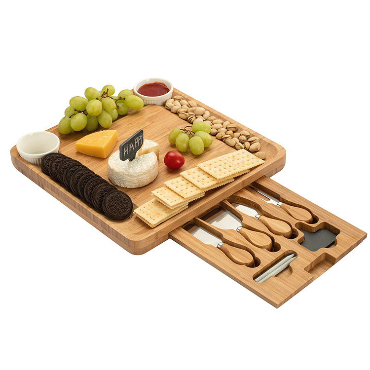 Top Quality Charcuterie Platter Serving Tray Unique Bamboo Cheese Board Set With Cutlery Knife For Wine Cracker Brie And Meat