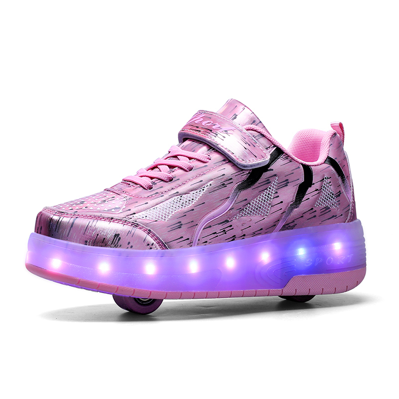 Girls Boys Roller Shoes Double Wheels Led Light Usb Charging Roller Skating Roller Shoes With Retractable Wheels
