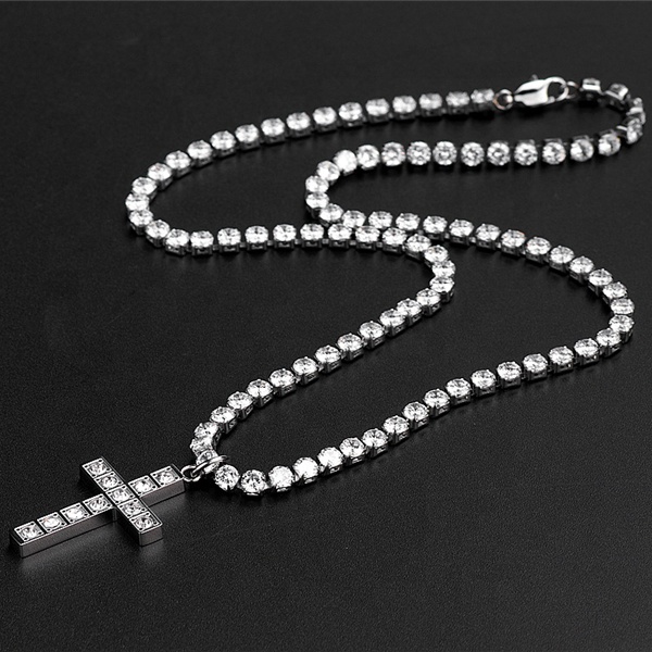 New Arrival Moissanite Cross Hip Hops Tennis Chain Link Real Gold Plated Cross Pendant Full Diamond Necklace For Rapper