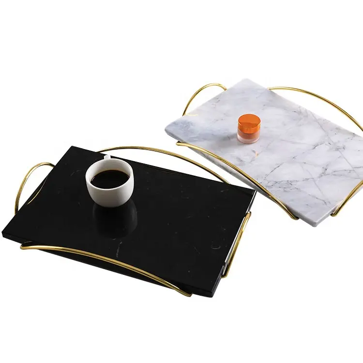 Wholesale custom luxury White black Decorative Serving Tray Bandejas Natural Marble cheese board with Gold Handles