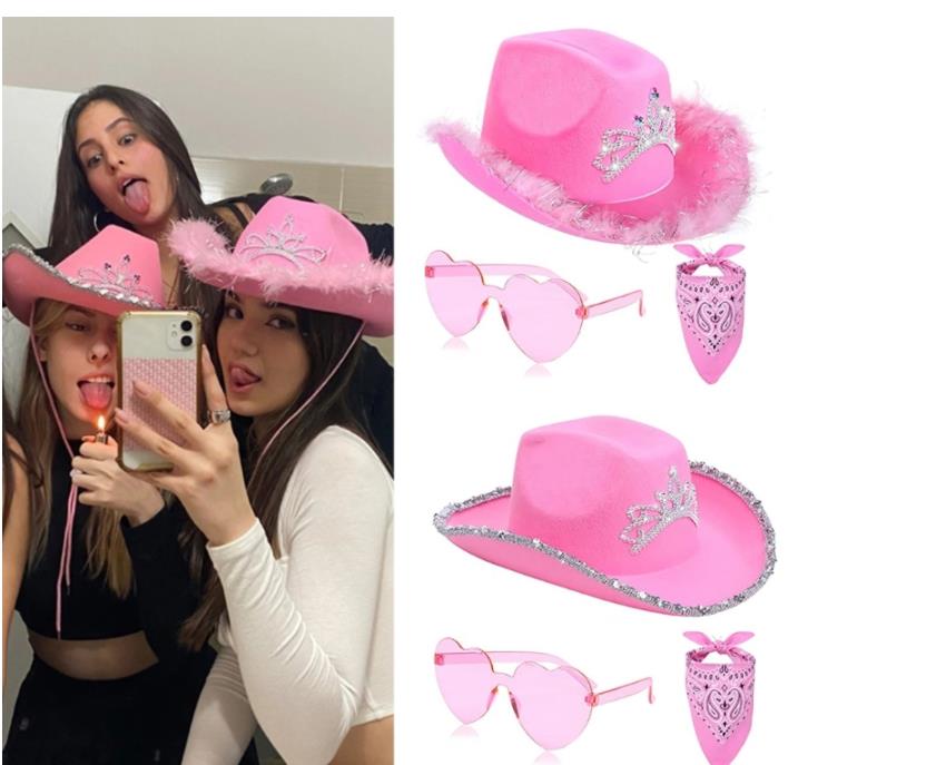 Розовая ковбойская шляпа, кепки, Западная шляпа Cowgirl для женщин, реквизит для фотографий для девочек, бандана, шляпы Cowgirl, шляпы для вечеринок, Федора