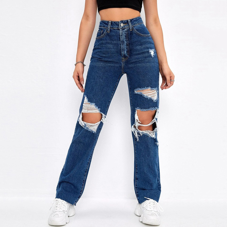 Custom Ladies Jeans Denim Trouser Destroyed Ripped Boyfriend Jeans For Women