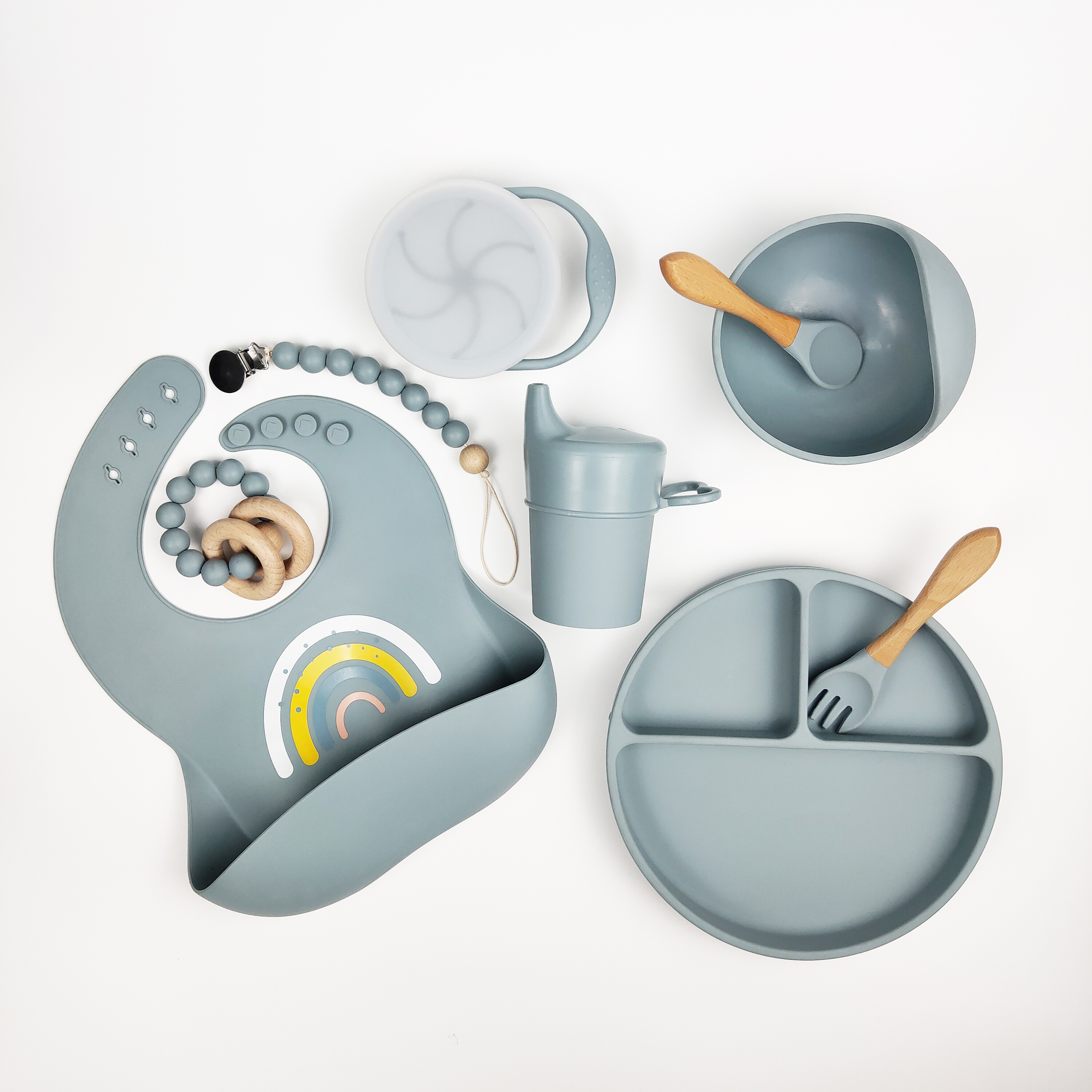 BPA Free Food Grade Silicone Snack Cup Bibs Suction Plate Bowl Spoon Baby Feeding Set