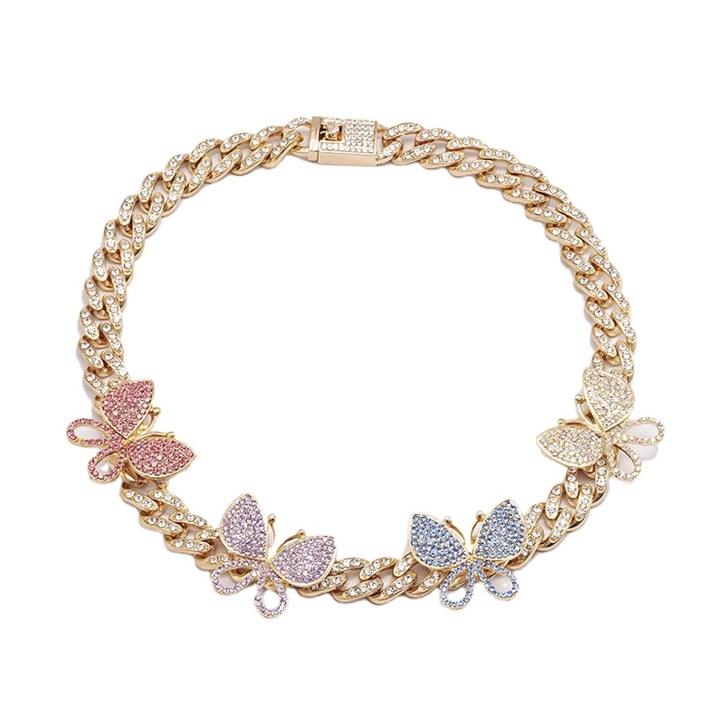 Silver Crystal Jewelry Hiphop Full Diamond Link Cuban Choker Necklace Hip Hop Butterfly Charm Necklace Ice Bling Necklace