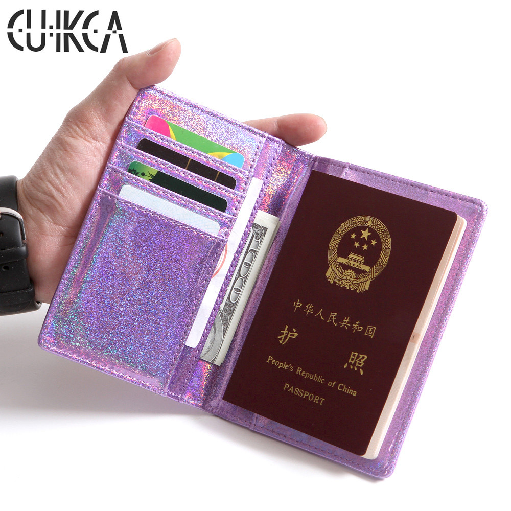 Обложка для паспорта CUIKCA HF003, блестящий кожаный кошелек с блестками, чехлы для удостоверения личности, держатель для паспорта, держатель для билетов