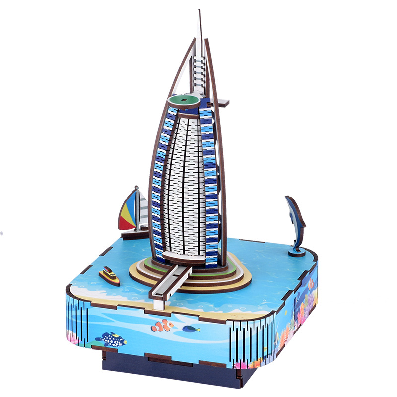 Сборка своими руками деревянные музыкальные шкатулки Burj Al арабский парусник гостиница 3D головоломка Рождественский подарок для девочек