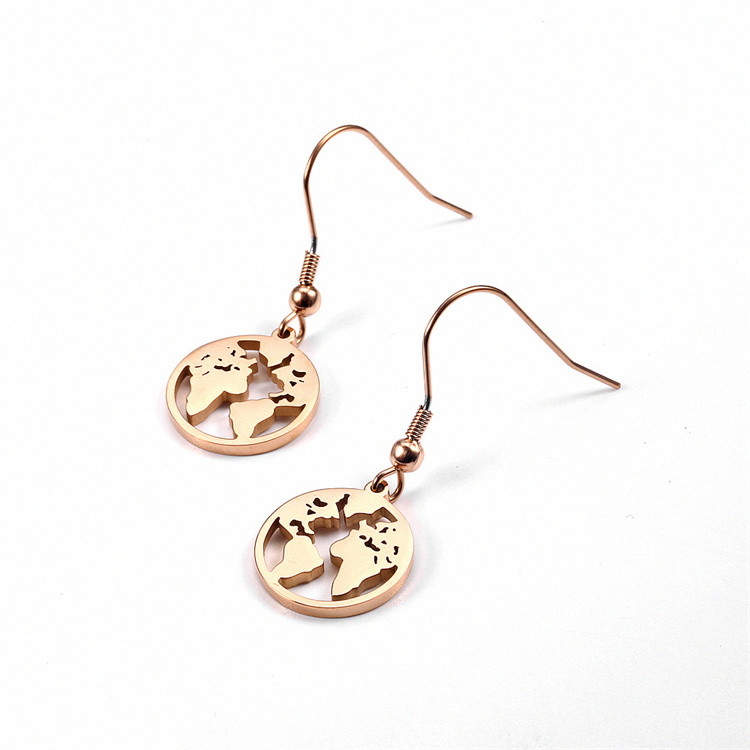 Customize round world map silver gold earrings stainless steel fish hook hoop earring jewelry for women
