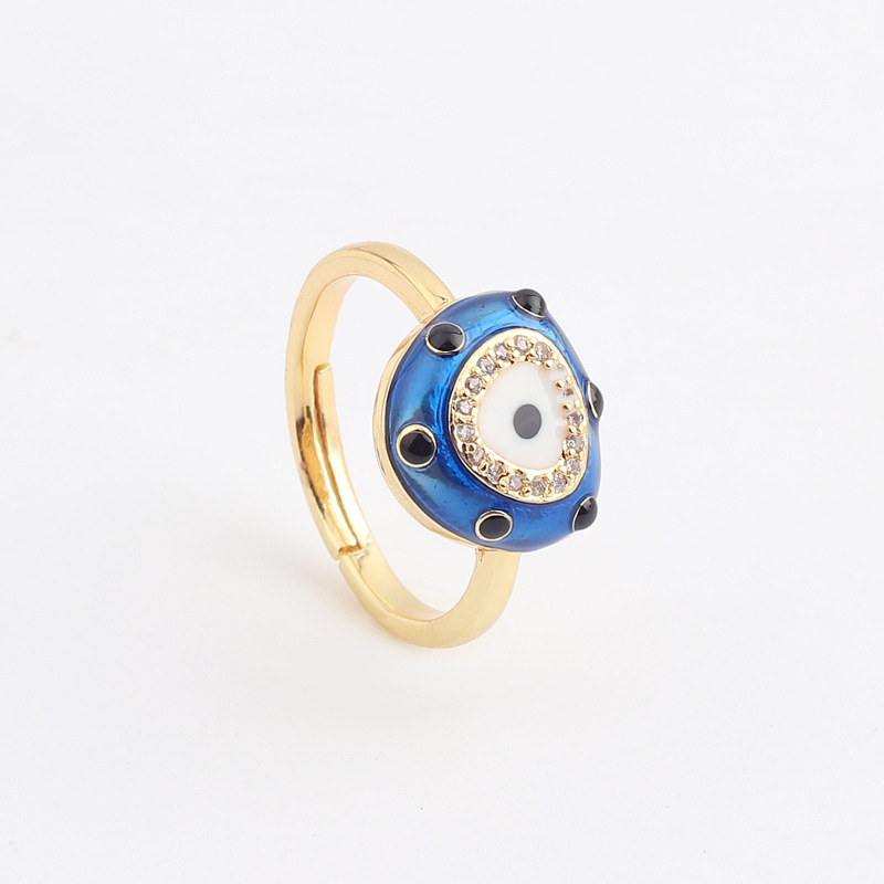 18K Gold Plated Micro Diamond Evil Eyes Rings Opening Adjustable Blue Oil Drip Eye Crystal Ring