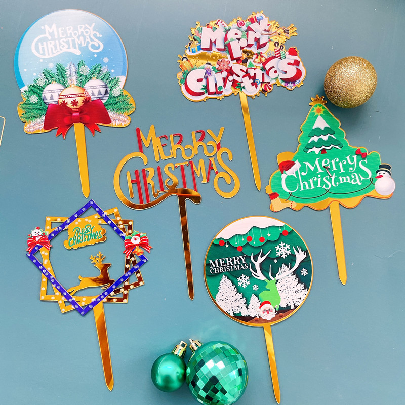 Acrylic Cake Topper Merry Christmas Baking Cake Decoration Cartoon Santa Claus Christmas Tree Cake Topper Decoration