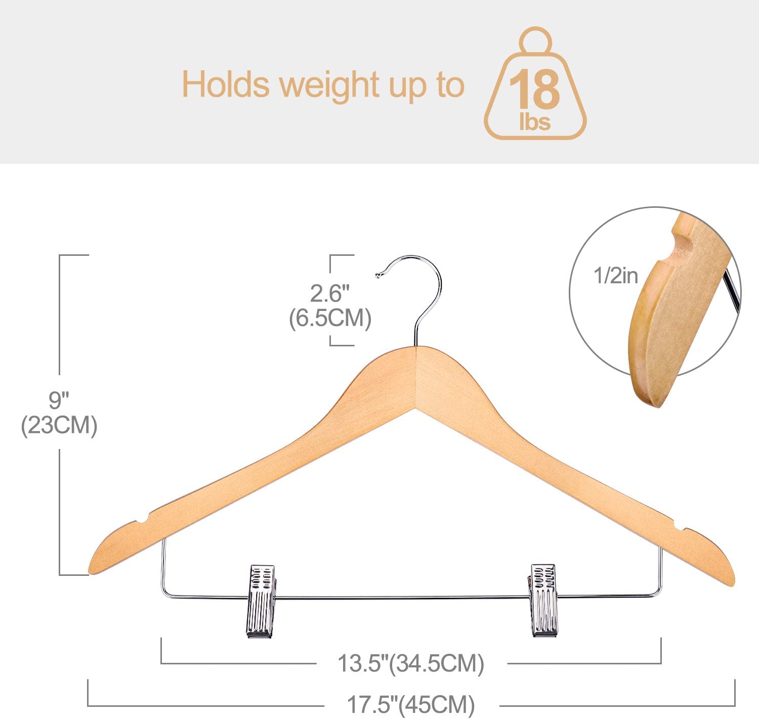 Natural Wooden Smooth Finished with Trouser Skirt Clips 45cm Wooden Clothes Coat Garment Hangers