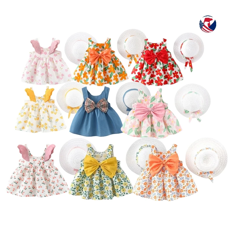 Toddler Baby Girl Fashion Clothing Floral Lemon Polka Dot Print Beach Dress Straw Hat Little kids clothes 2 Piece Set