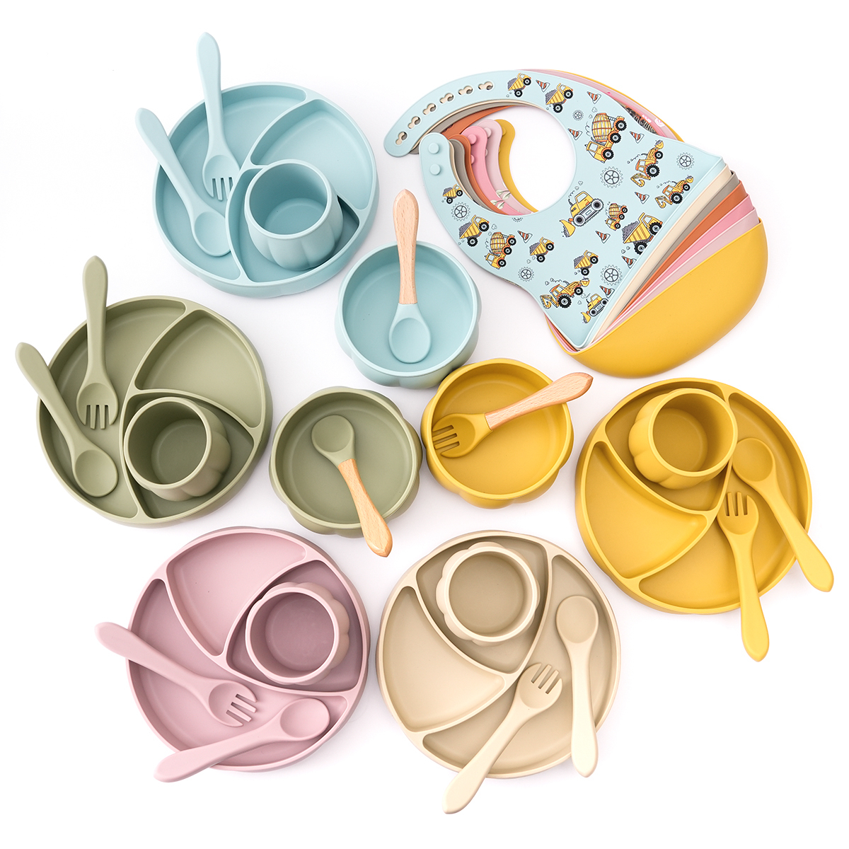 Customized Kids Dining Baby Print Bib Spoon Bowl Waterproof Suction Plate Dish Silicone Tableware Feeding Set For Children