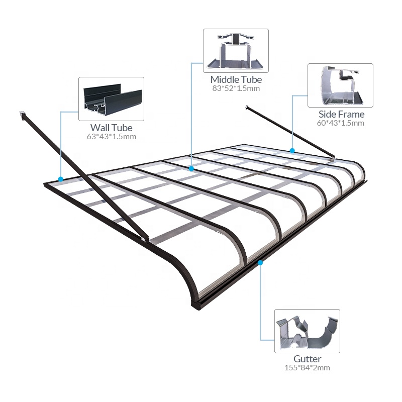 Garden Polycarbonate Roof Canopy Patio Covers With Tie Rods Aluminum Awnings