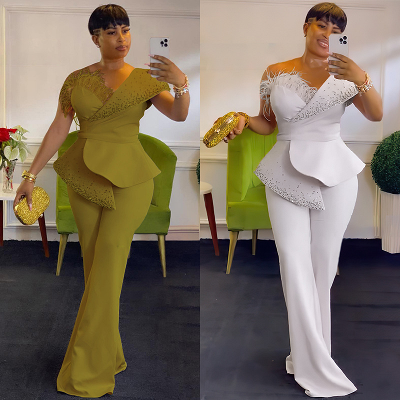 Off-The-Shoulder Casual High-Waisted Plus Size Solid Color Wide-Leg Jumpsuit