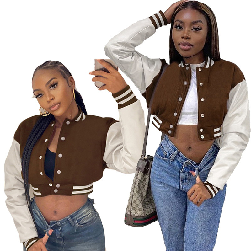 2022 Fall Winter Casual Women Jacket Coat Leather Sleeve Patchwork Crop Active Gym Sport Wear Baseball Women Bomber Jacket