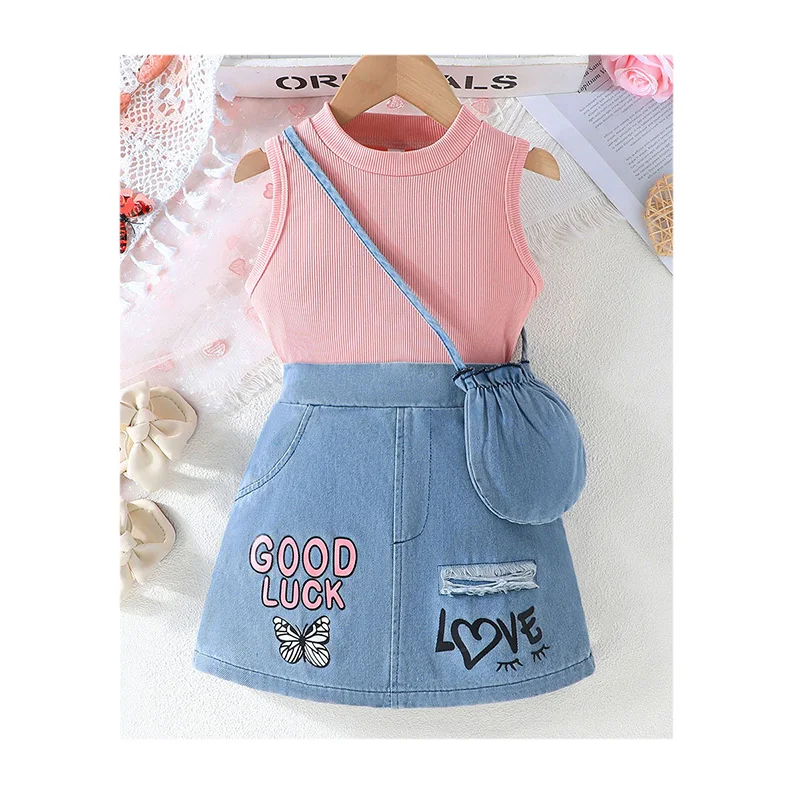 Little Girls summer sets solid sleeveless top denim skirts children clothes fashion two pieces clothing