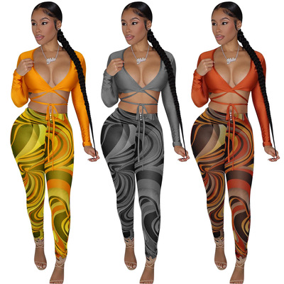 2021 Fall Fashion Women Clothes Sexy V Neck Bandage Crop Top 2 Piece Print Mesh Legging Set
