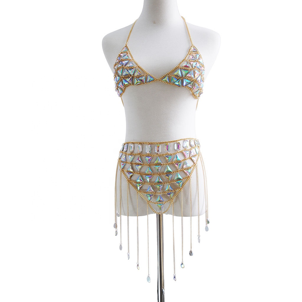 Sexy Luxury AB Gemstone Bikini Skirt Top Bra Chain Body Jewelry Body Chain Dress For Women Girls