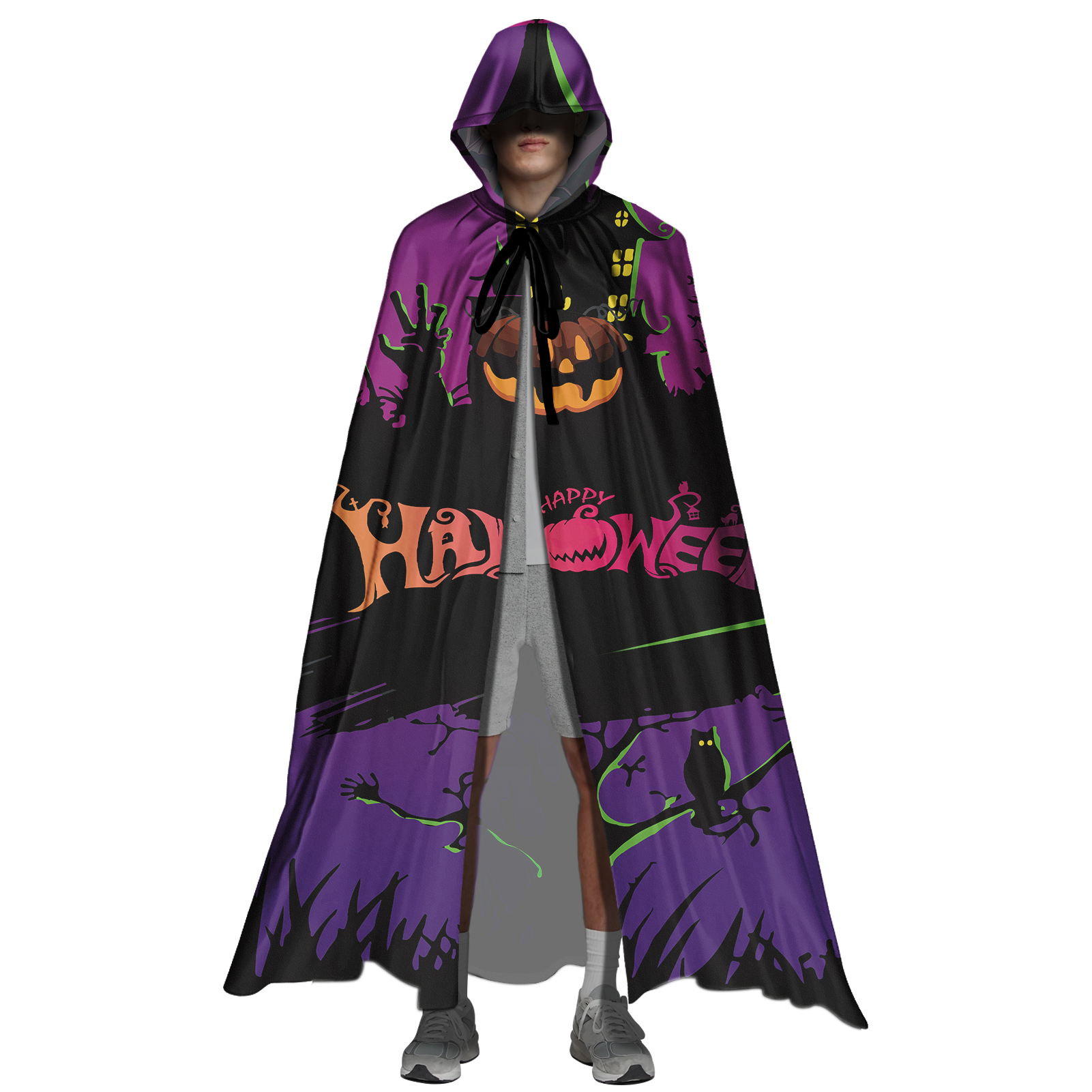 Factory Direct Supply Halloween Pumpkins Skeleton Pattern Mens Hooded Cloak Custom Character Printing Costume-Homm For Wholesale
