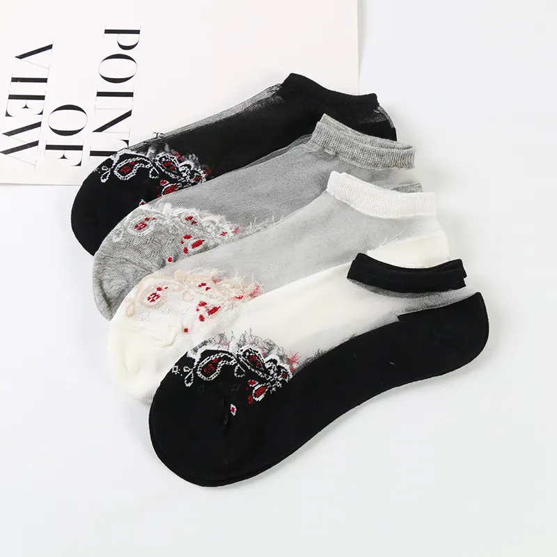 Summer women nylon Luxury ladies flower girl low ankle transparent socks