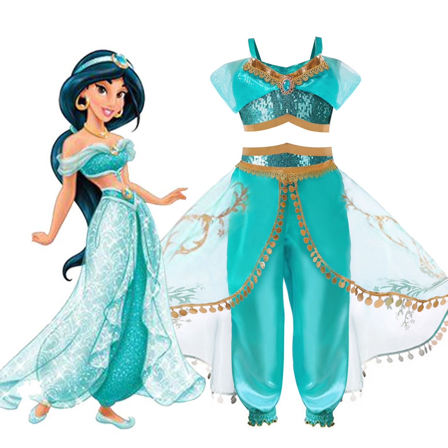 Костюм для косплея Aladdin из мультфильма, топ с блестками и брюки садина, костюм из 2 предметов, одежда принцессы жасмин