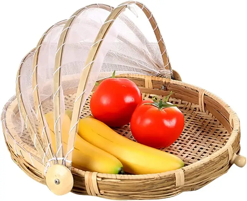 Home Storage Hand-Woven Basket Serving Dustproof Round Dome Picnic Basket Vegetable Fruits Bread  Food Bamboo Serving Tent