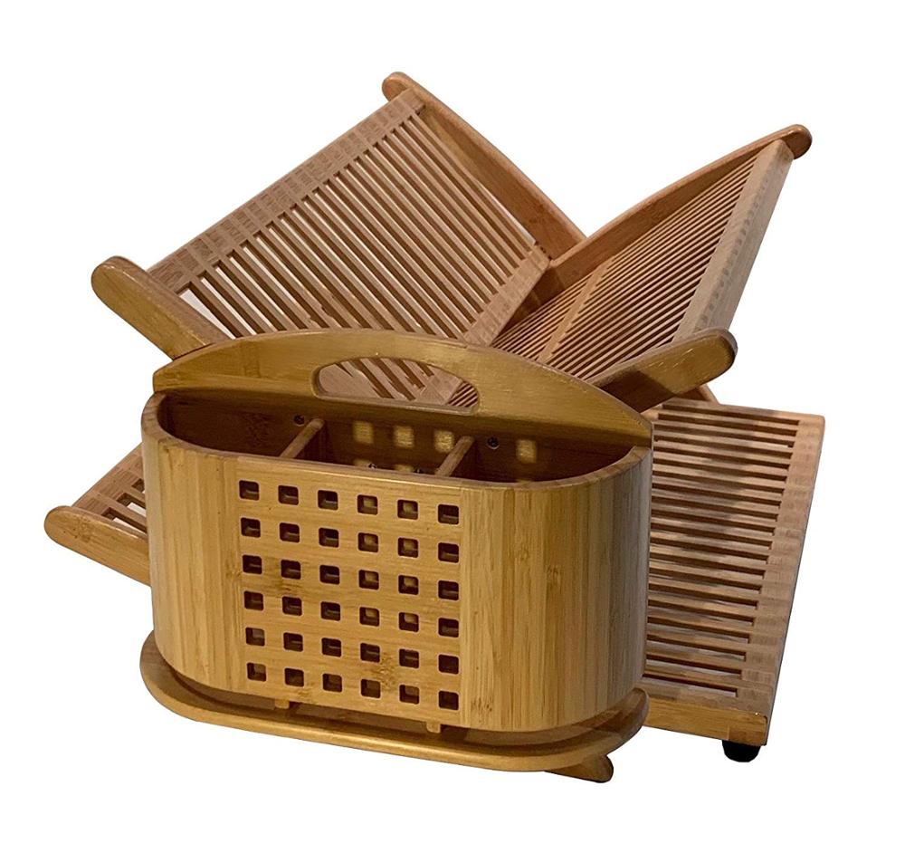 Wooden Folding Kitchen Cabinet Bamboo Dish Rack With Utensil Holder