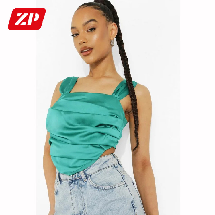 Summer Solid Color Drapped Corset Satin Cowl Neck Ruched Low Cut Night Club Bustier Tank Top Lining Dated Night Crop Top