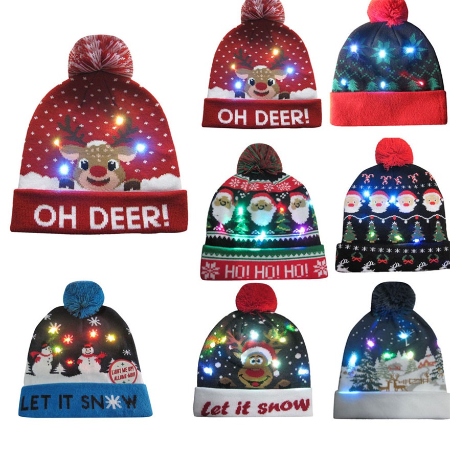New Winter Festival Xmas Party Pompom Kids Led Light-up Caps Women Led Christmas Hats With Lights For Kids