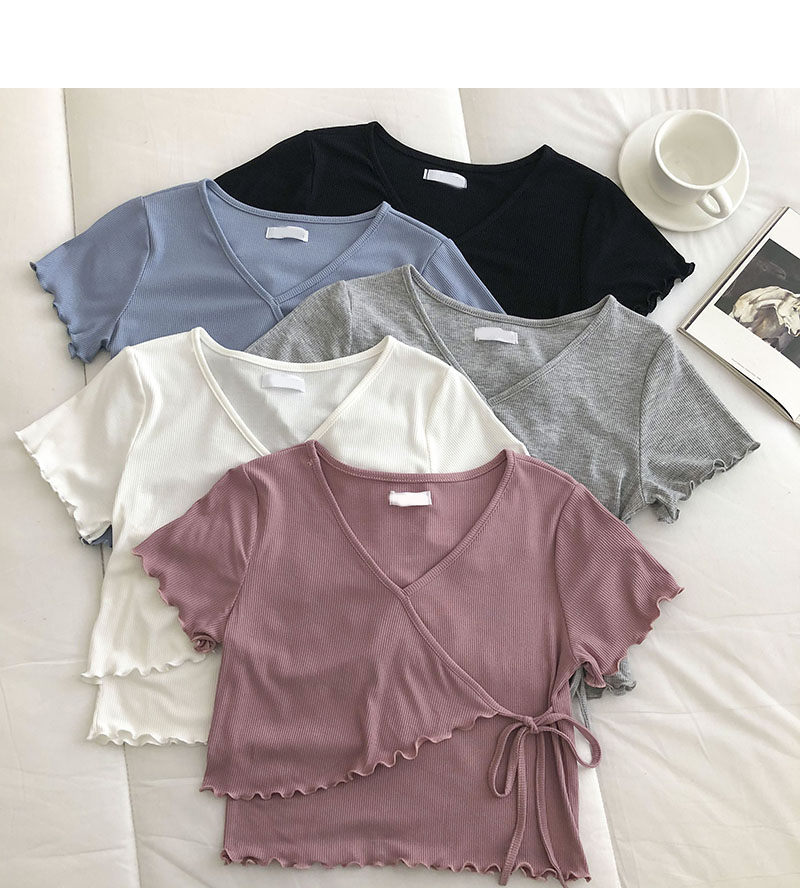 Summer Ruffle Bandage Slim Crop Top Female V-Neck Tees Short Sleeve Women T-shirts