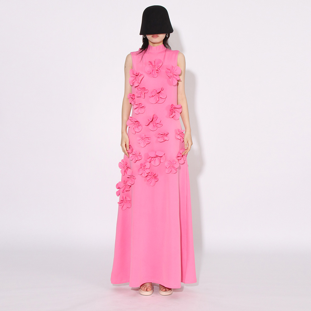 TWOTWINSTYLE 2024 New Socialite Style Three-Dimensional Flower Design Stand Collar Sleeveless Knee-Length Dress
