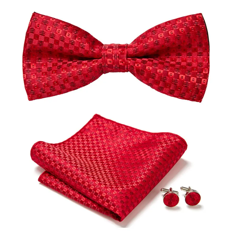 3PC Bowtie Pocket Square Cufflinks Set For Mens Luxury Paisley Ties Red Wedding Bow Ties Hanky Cuff Links Suits Man Accessories