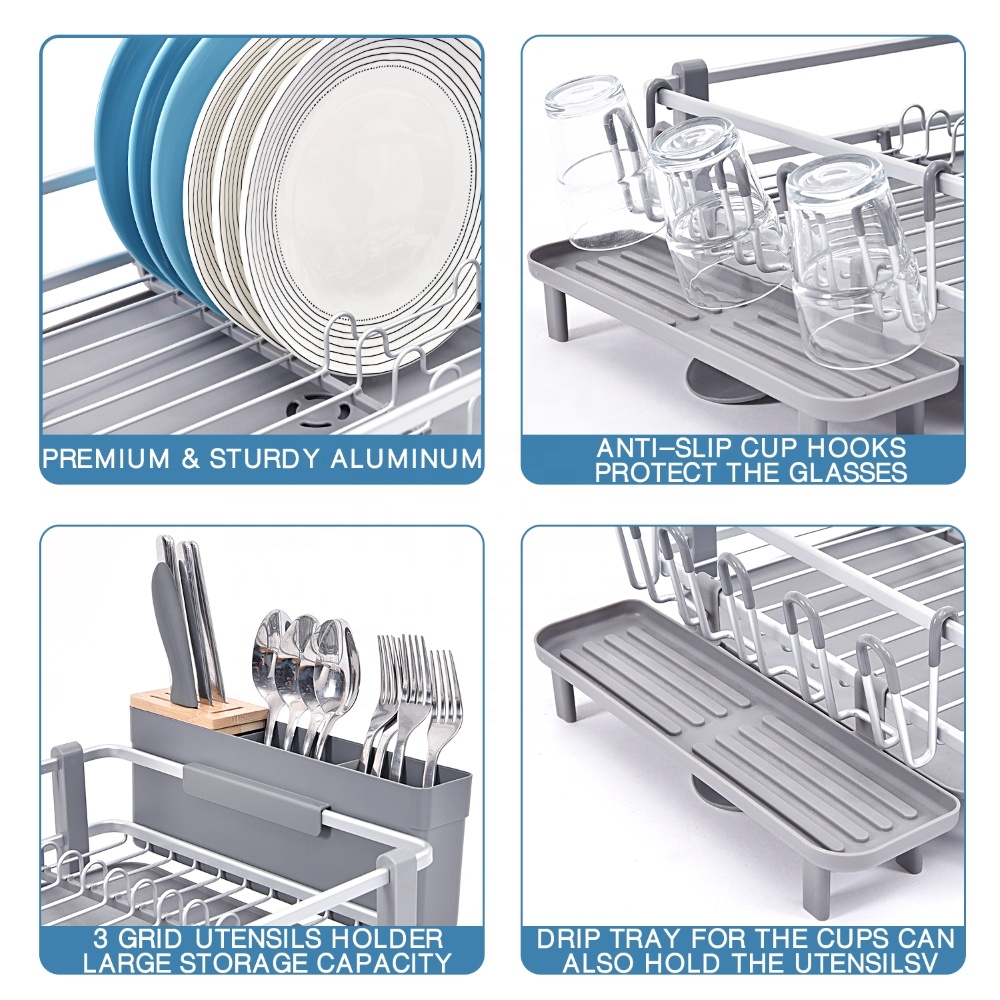 Amazon Hot Selling aluminum kitchen alloy large storage dish drainer drying rack plate and bowl rack with tray