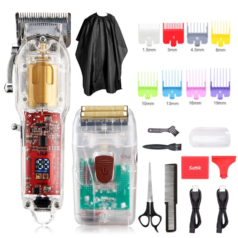 JM100AT Transparent rechargeable barber profession hair clipper with shaver trimmer electric cordless hair clipper guard set