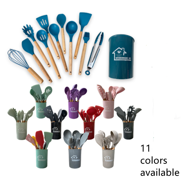 DLKT001 Amazon hot sale color box packaging silicone kitchenware 12 piece silicone kitchenware set with wooden handle